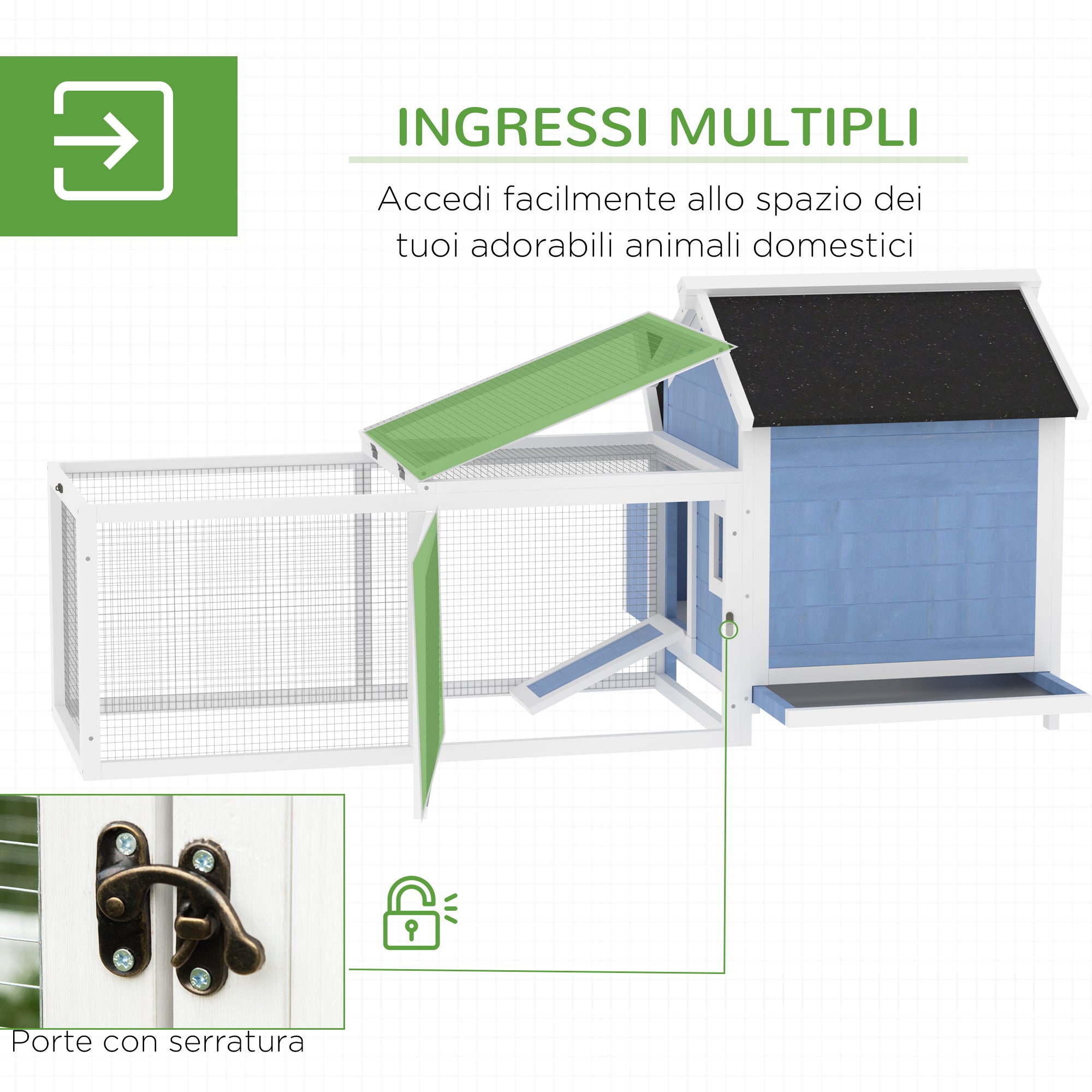 Chicken Coop with Running Area and Removable Nesting Tray, Wooden Garden Chicken Coop with Waterproof Roof, 180x91x79 cm