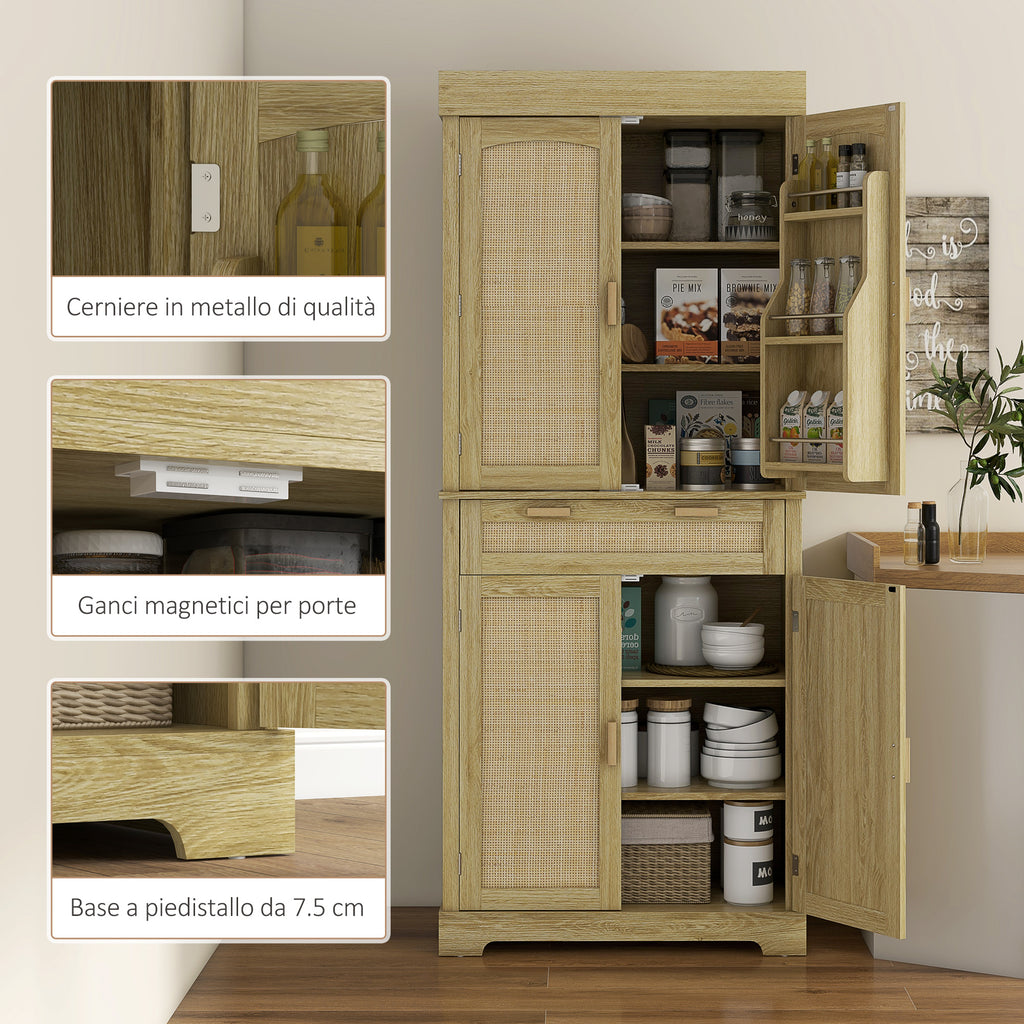 Boho Style Kitchen Sideboard with 2 Cabinets, Drawer and Spice Rack in Wood and Rattan, 76x40x183cm, Oak