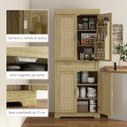 Boho Style Kitchen Sideboard with 2 Cabinets, Drawer and Spice Rack in Wood and Rattan, 76x40x183cm, Oak