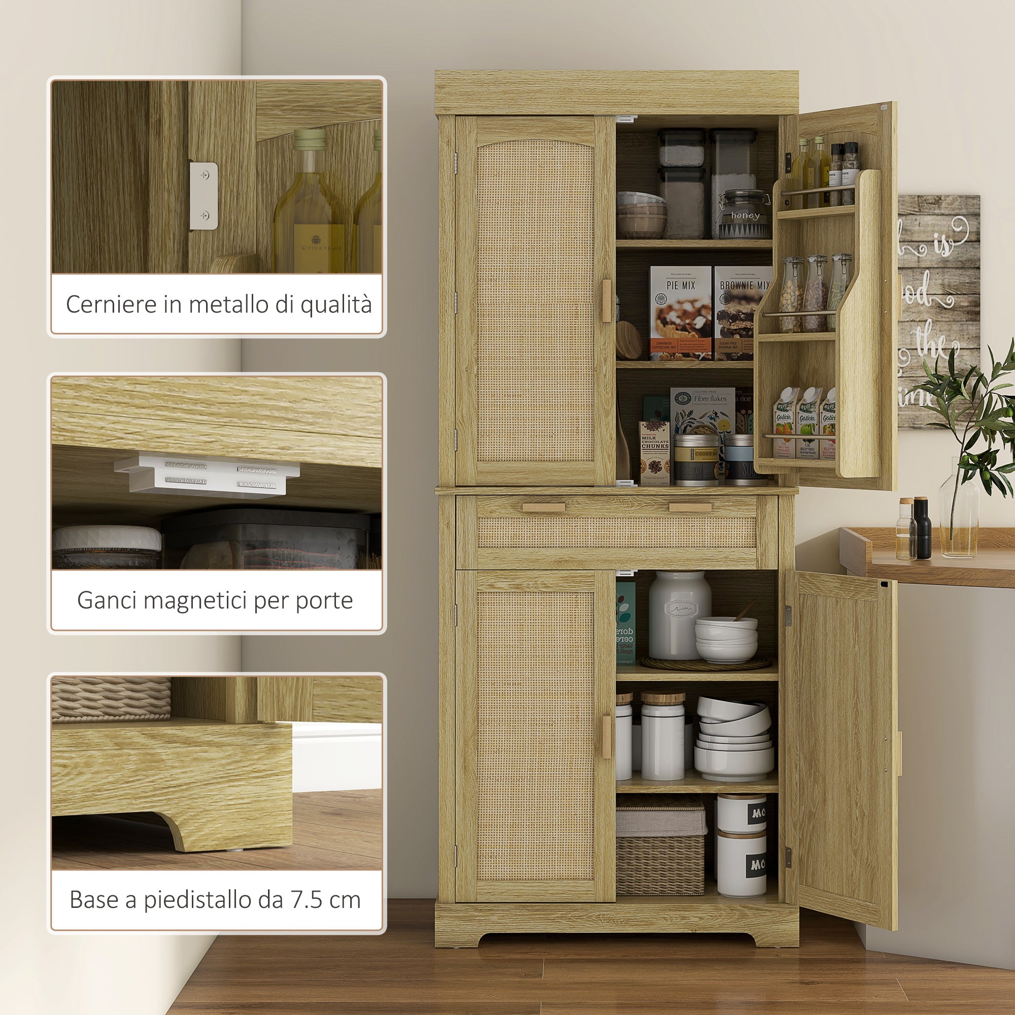 Boho Style Kitchen Sideboard with 2 Cabinets, Drawer and Spice Rack in Wood and Rattan, 76x40x183cm, Oak