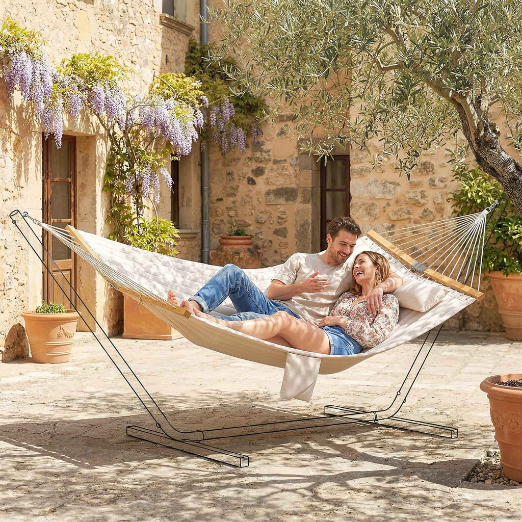 Garden Hammock with Cushion and Pocket, Polyester with Wooden Bars, 325x140x2.5 cm, Cream White