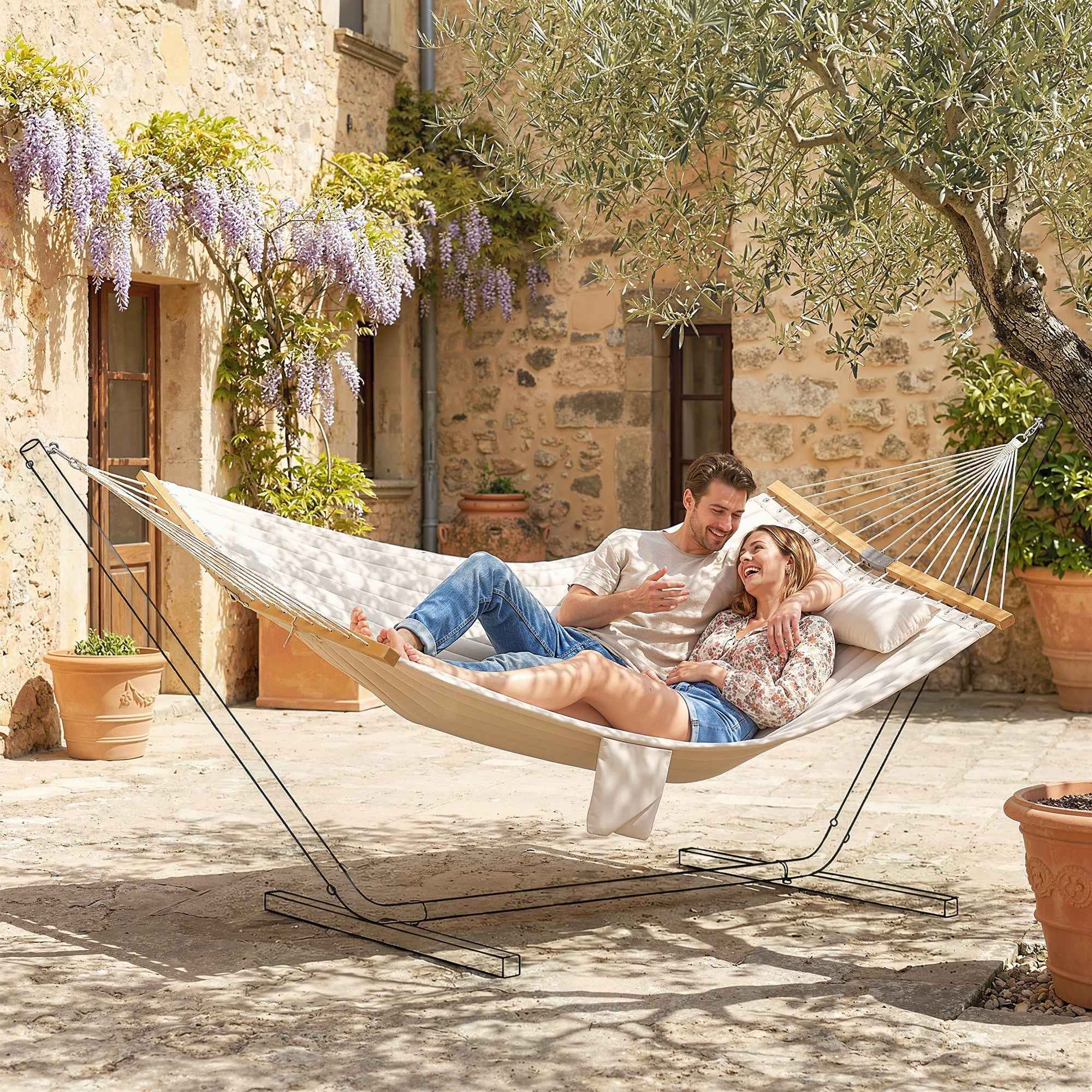 Garden Hammock with Cushion and Pocket, Polyester with Wooden Bars, 325x140x2.5 cm, Cream White