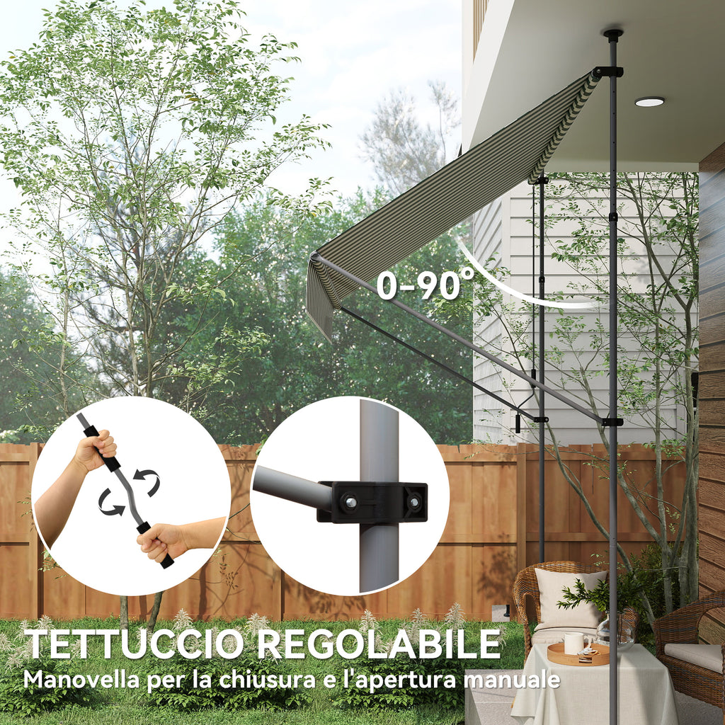 Awning 2x1.2 m with Adjustable Supports and Crank, in Aluminium, Metal and Polyester, Green and White