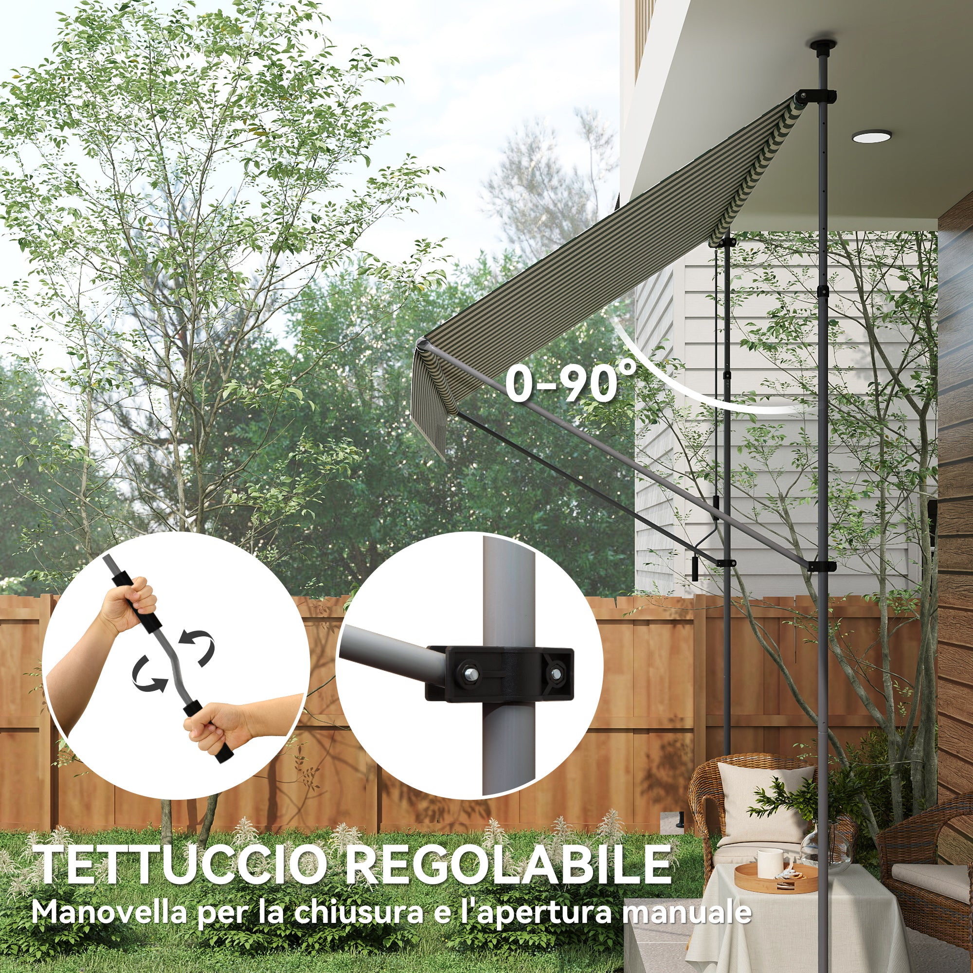 Awning 2x1.2 m with Adjustable Supports and Crank, in Aluminium, Metal and Polyester, Green and White