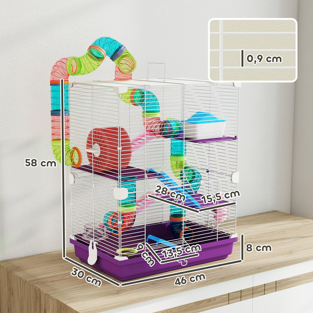 PawHut 5-Level Hamster Cage with Tubes, Wheel, Ladders, House and Bottle, 46x30x58 cm, Purple