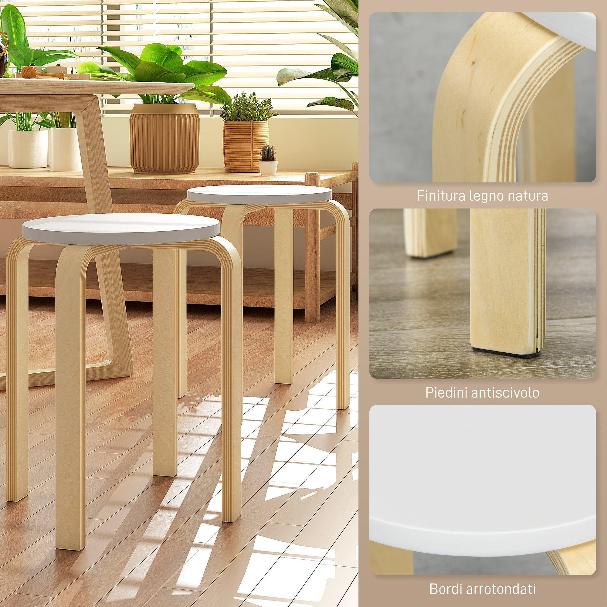 Set of 4 Stackable Round Wooden Stools, White, Ø40x45 cm