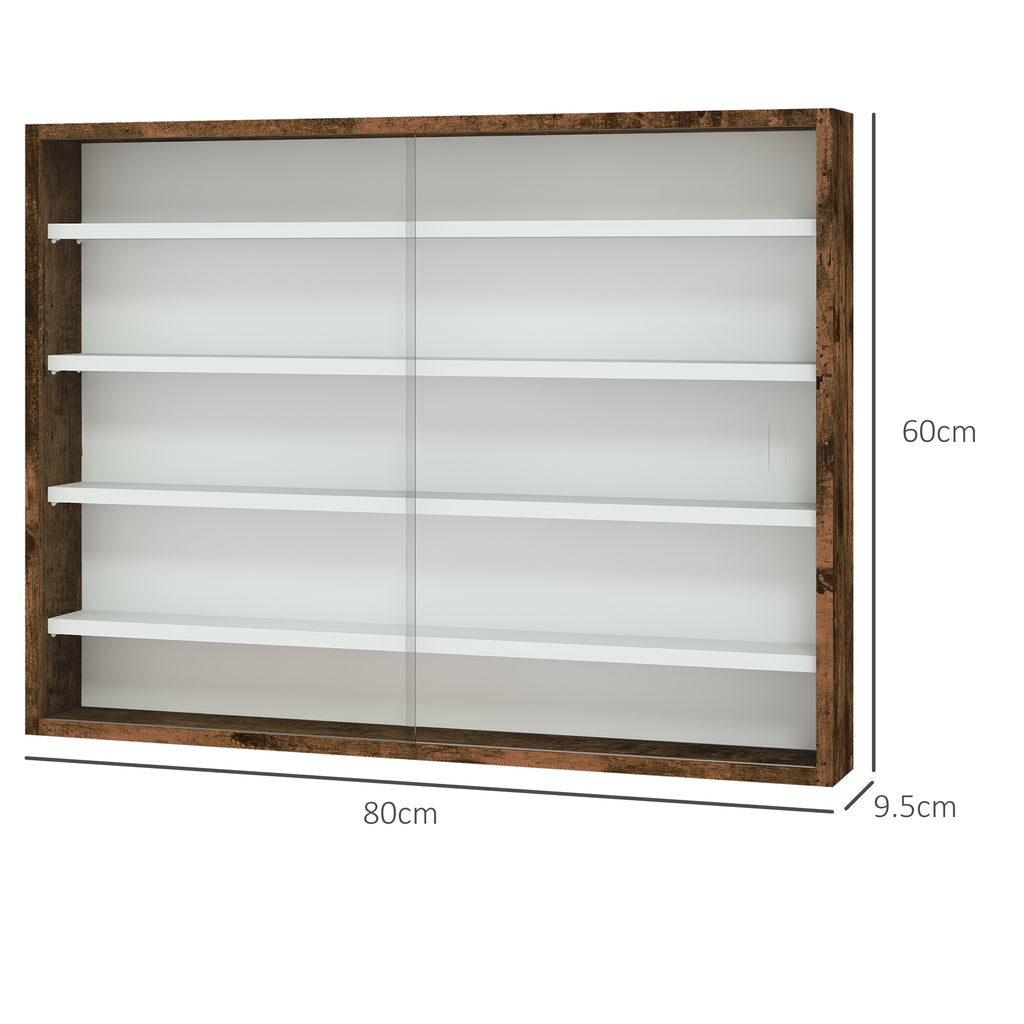 4-Tier Adjustable Display Cabinet, Wall-Mounted Glass and Wood Display Case, 80x9.5x60 cm, Brown