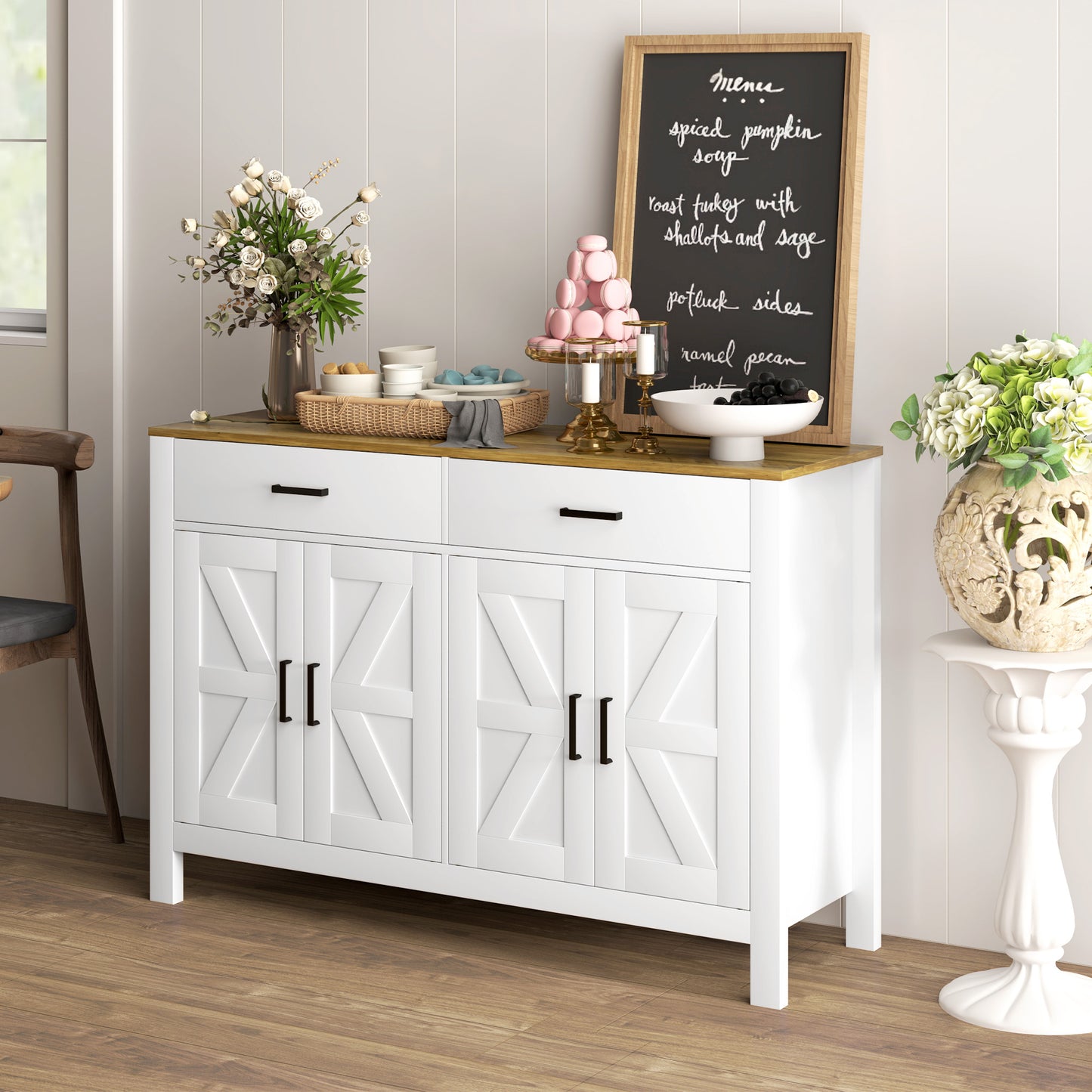 Kitchen Sideboard with 2 Drawers and 2 Cabinets Rustic Style with Adjustable Shelves, White