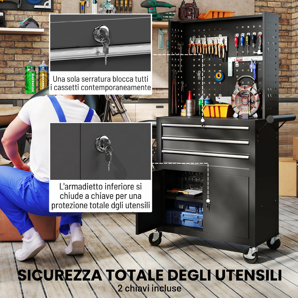 HOMCOM Steel Tool Cart with Worktop, 3 Drawers, Cabinet, Pegboards, Wheels, Black