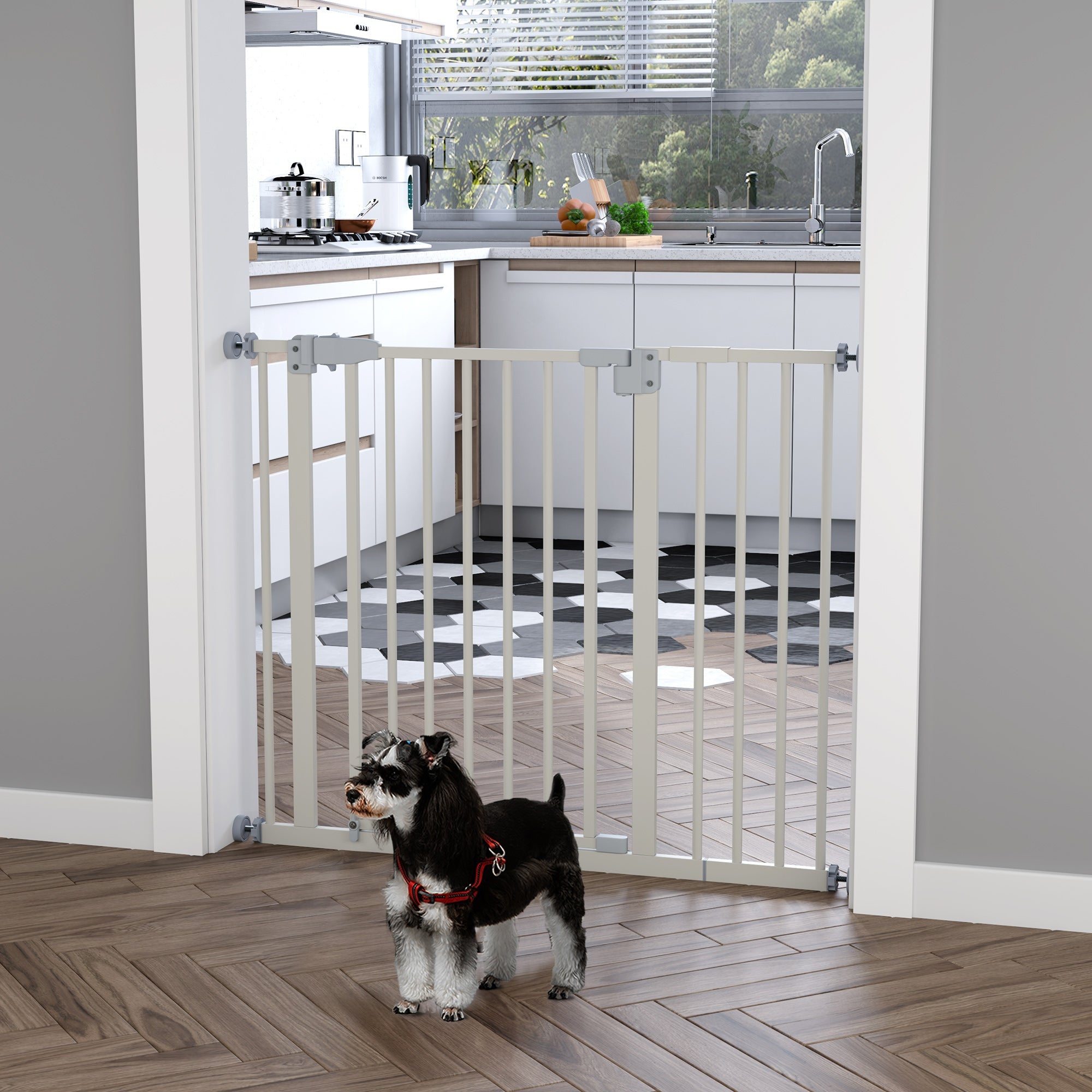 Push-On, Self-Closing Extendable Dog Gate, 30" Tall, White