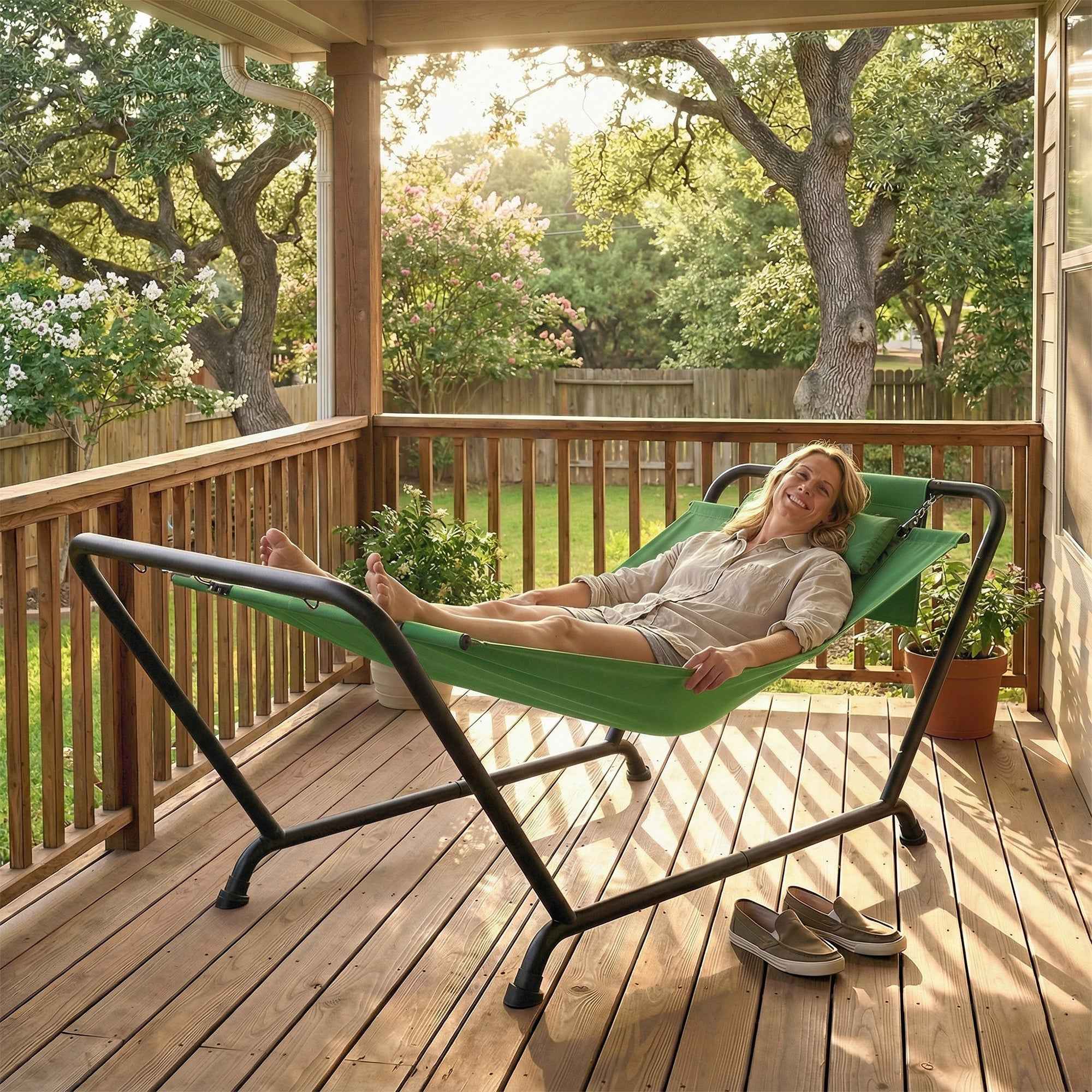 Outsunny Garden Hammock with Stand, Side Pocket and Headrest, Metal and Polyester, 237x90x92 cm, Dark Green