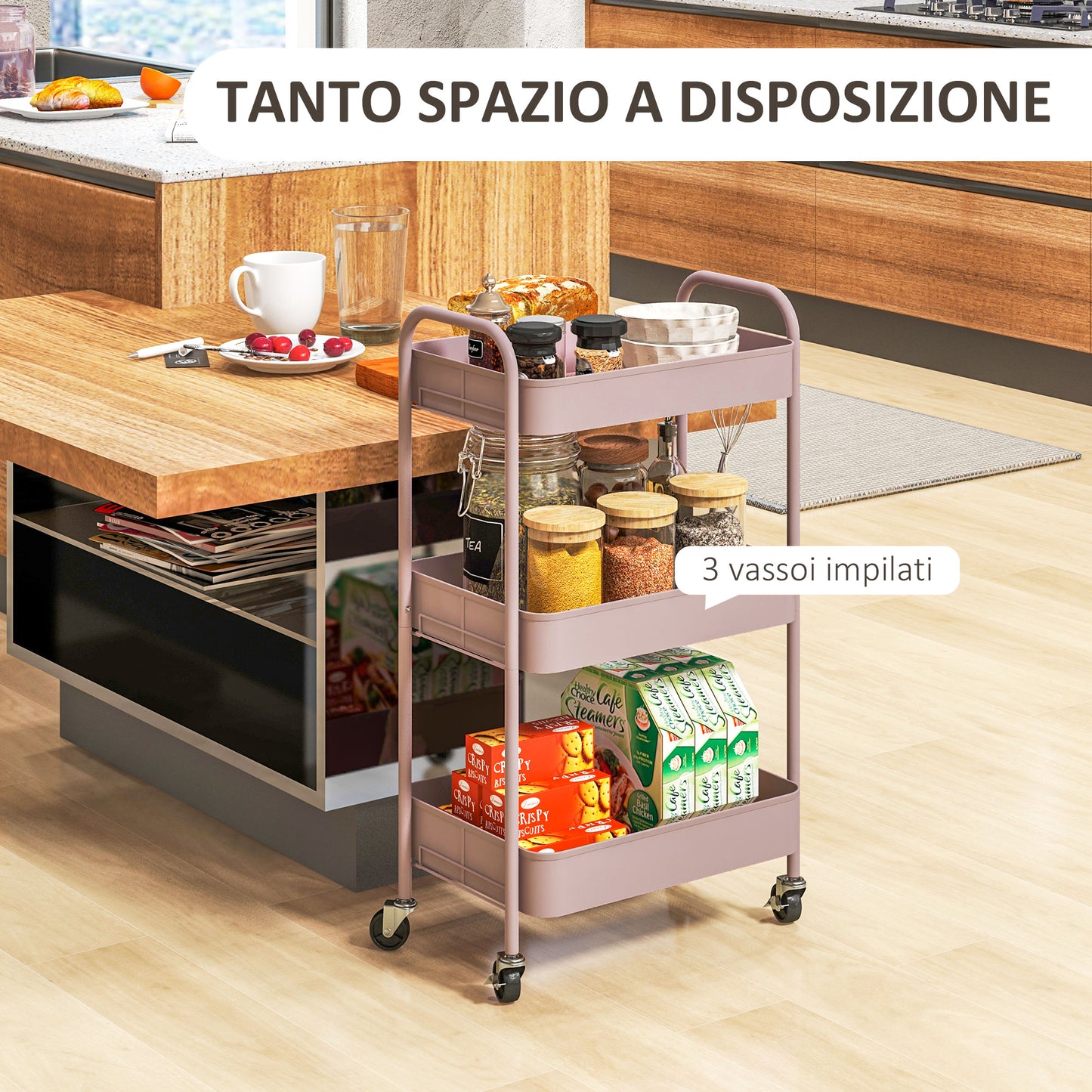 3-Tier Kitchen Cart with Handles and 4 Wheels, Steel, 45x30.6x79 cm, Pink