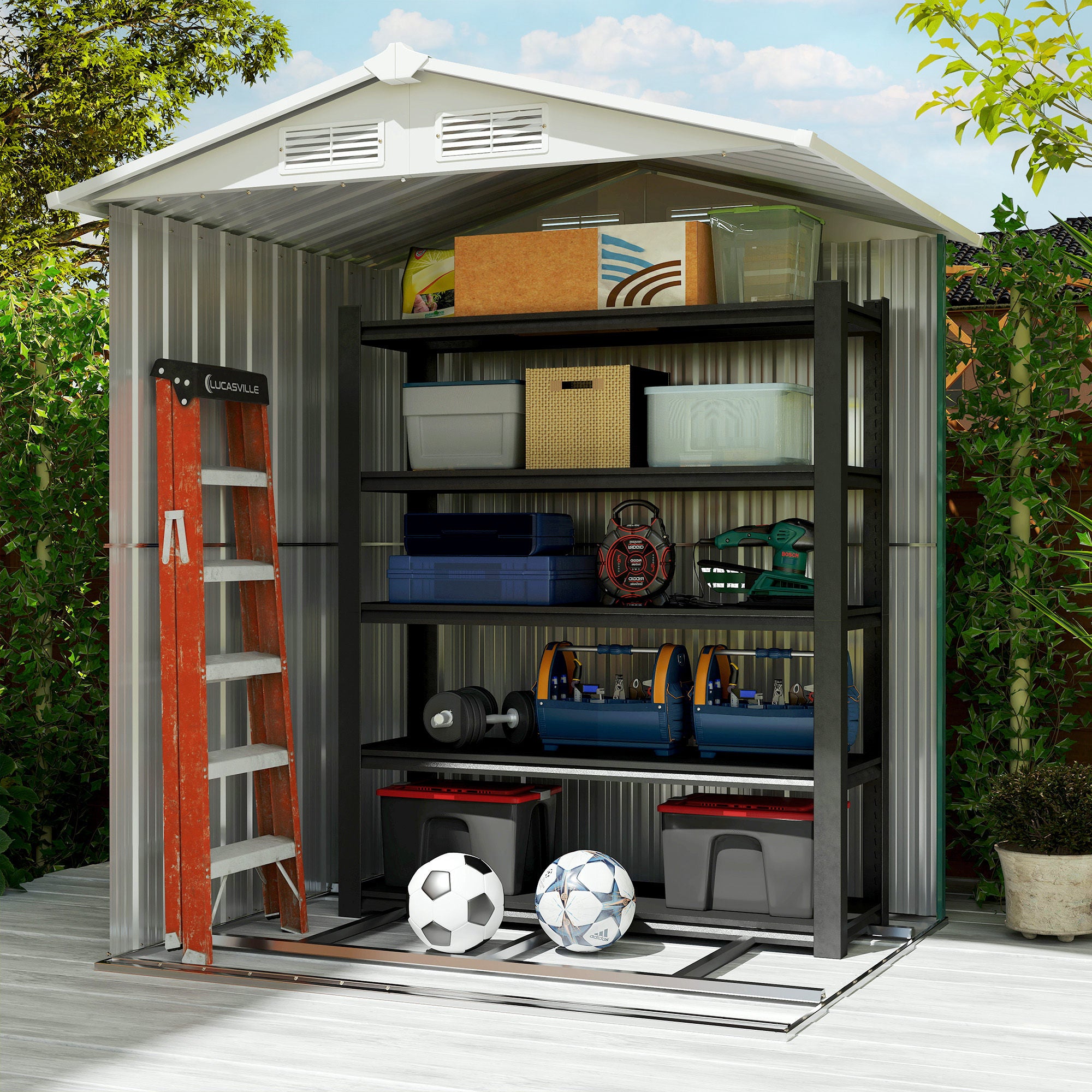 Steel Garden Shed with Sloped Roof and 4 Air Vents, 152x132x188 cm, Green