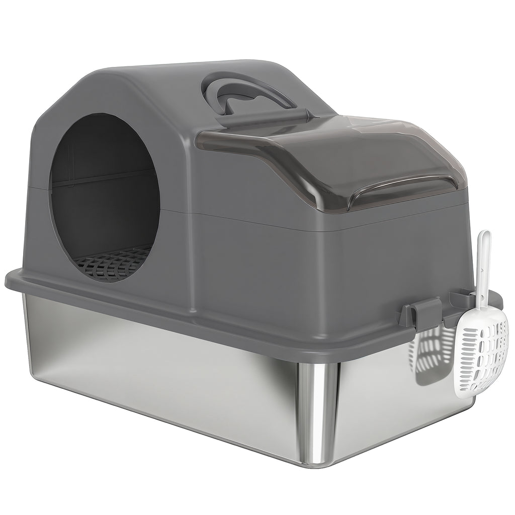 PawHut XL Stainless Steel Enclosed Cat Litter Box with Lid, Scoop, and Collection Mat, Dark Grey