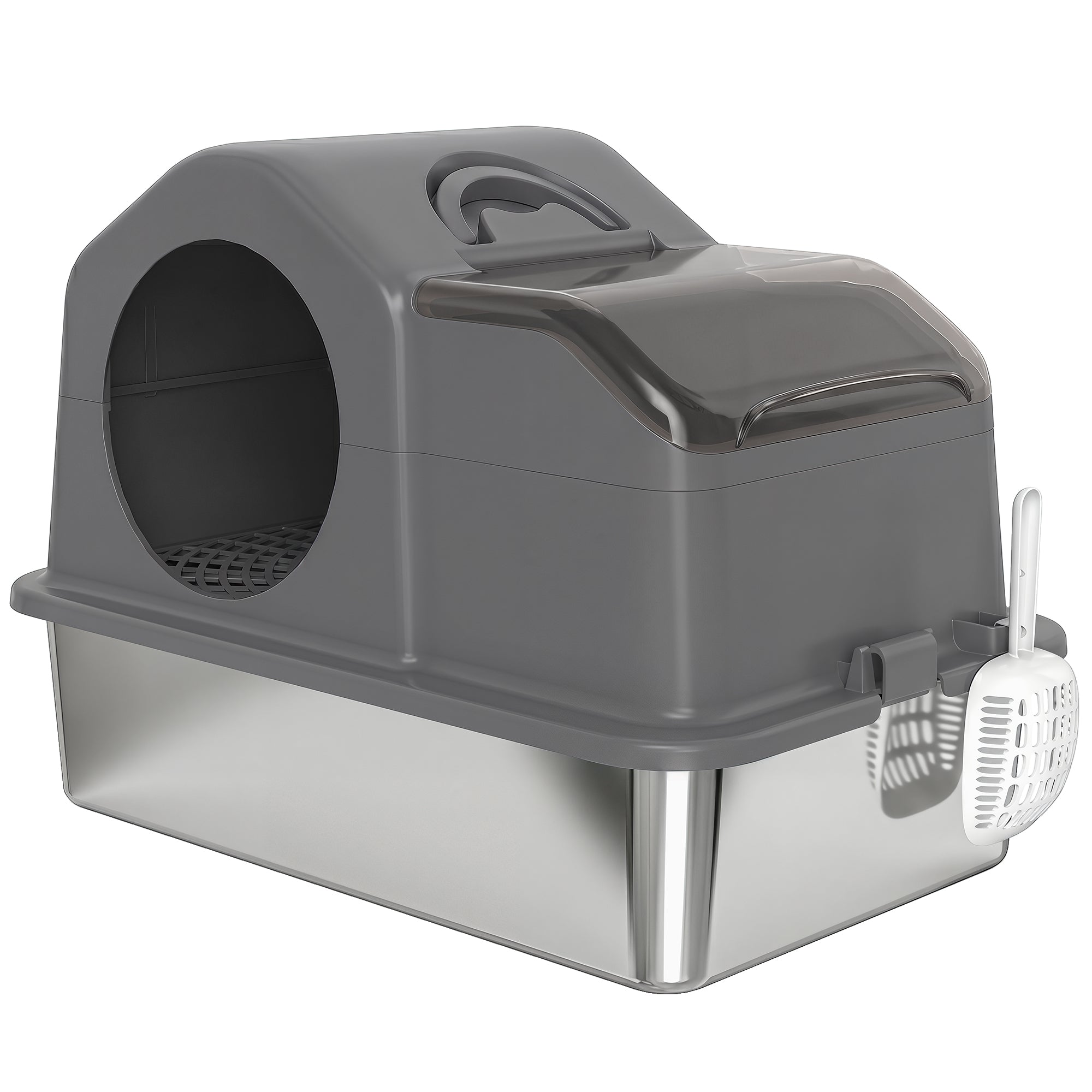 PawHut XL Stainless Steel Enclosed Cat Litter Box with Lid, Scoop, and Collection Mat, Dark Grey