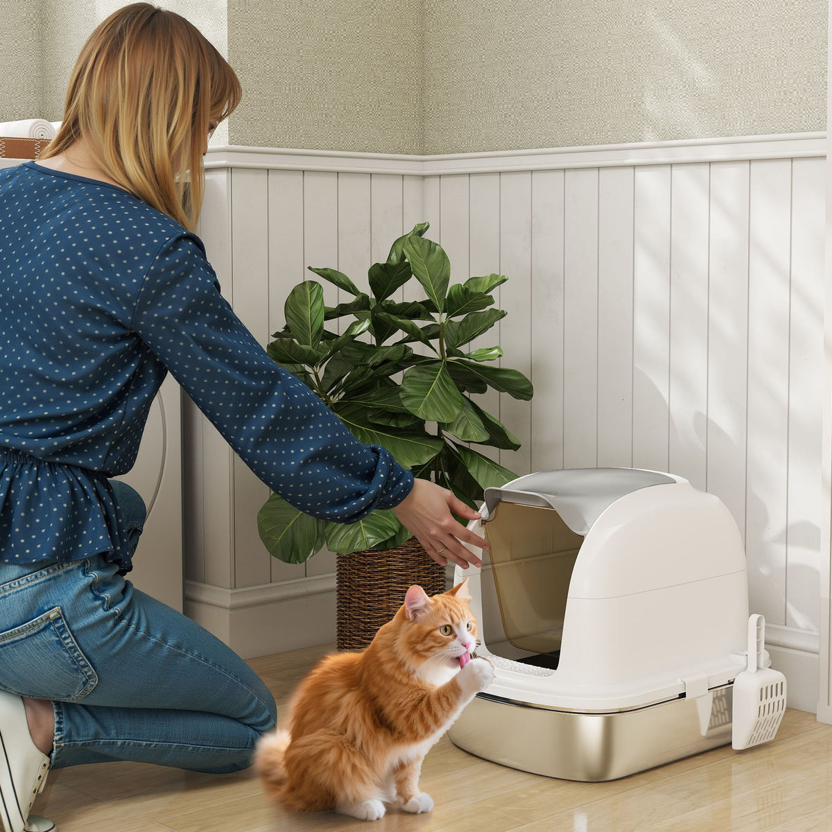 PawHut XL Stainless Steel Enclosed Cat Litter Box with Lift-Off Lid, Scoop, Deodorant Pack, White