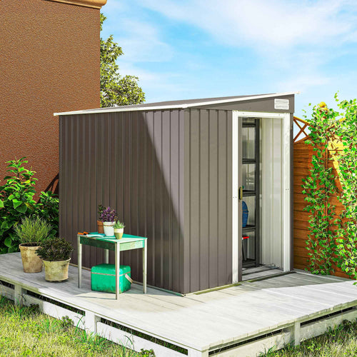 Outsunny 1.5x2m Metal Tool Shed with Base, Sliding Door and Sloped Roof, Light Grey