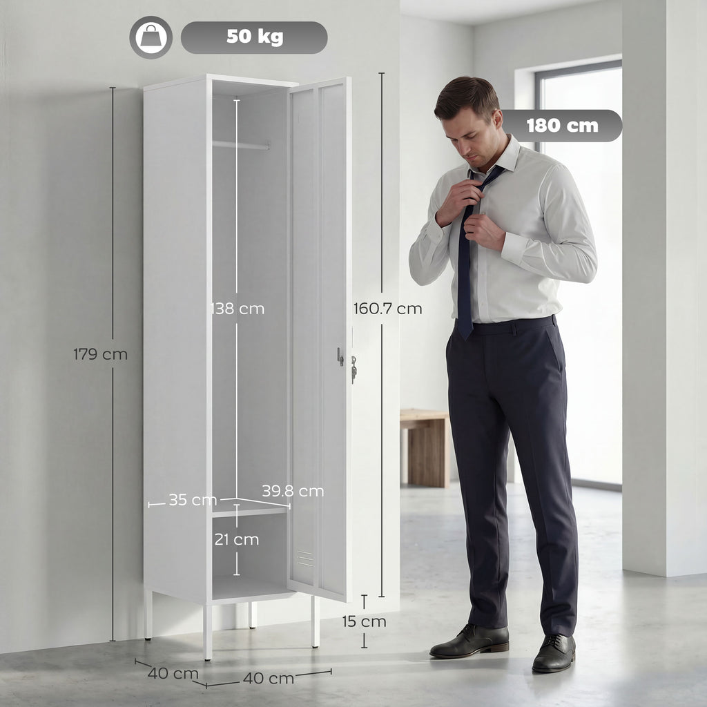 Metal Wardrobe with Lockable Door, Name Tag and Hanging Rail, 40x40x179 cm, White