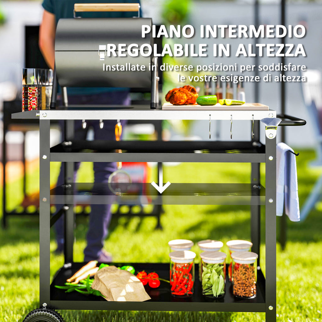 Barbecue Cart with Steel Top and Adjustable Shelf, Wheels and Hooks, 100x52x80 cm, Black