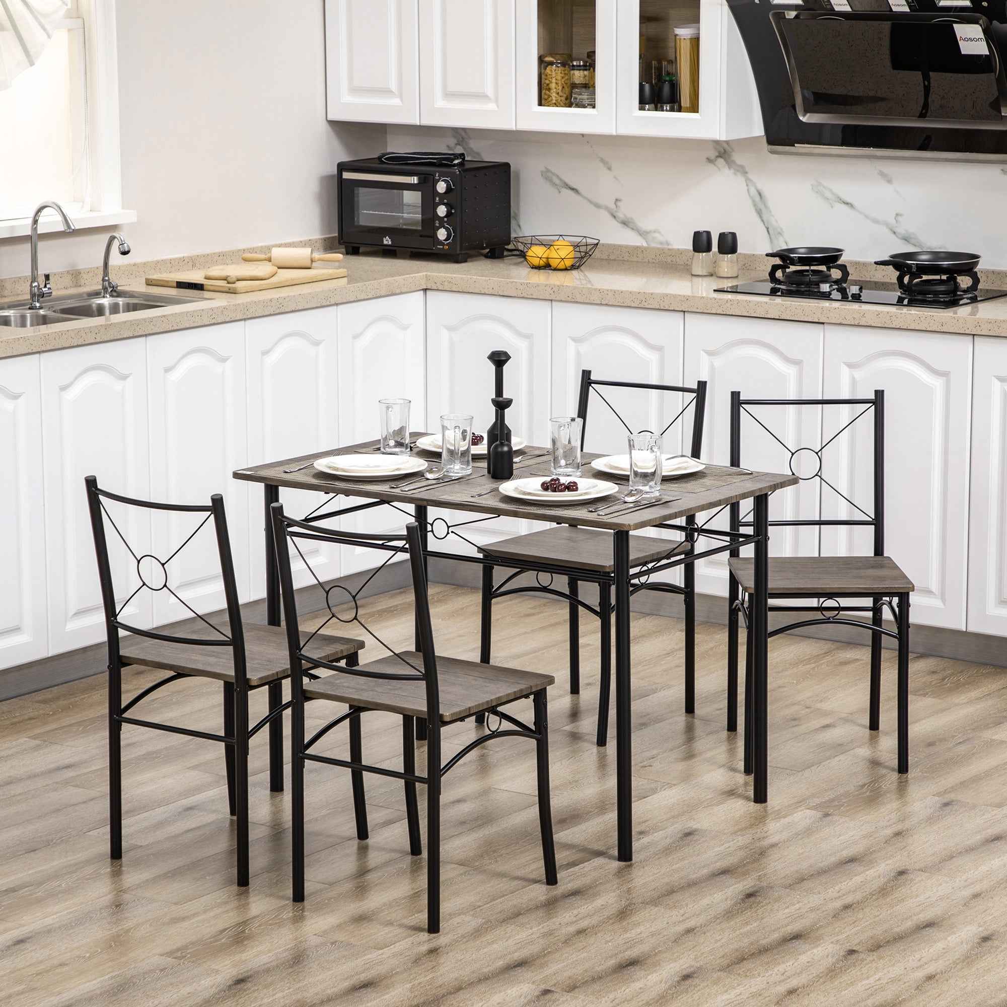 HOMCOM Dining Table with 4 Chairs, 5-Piece Set in MDF and Metal for Dining Room, Kitchen, Living Room and Bar