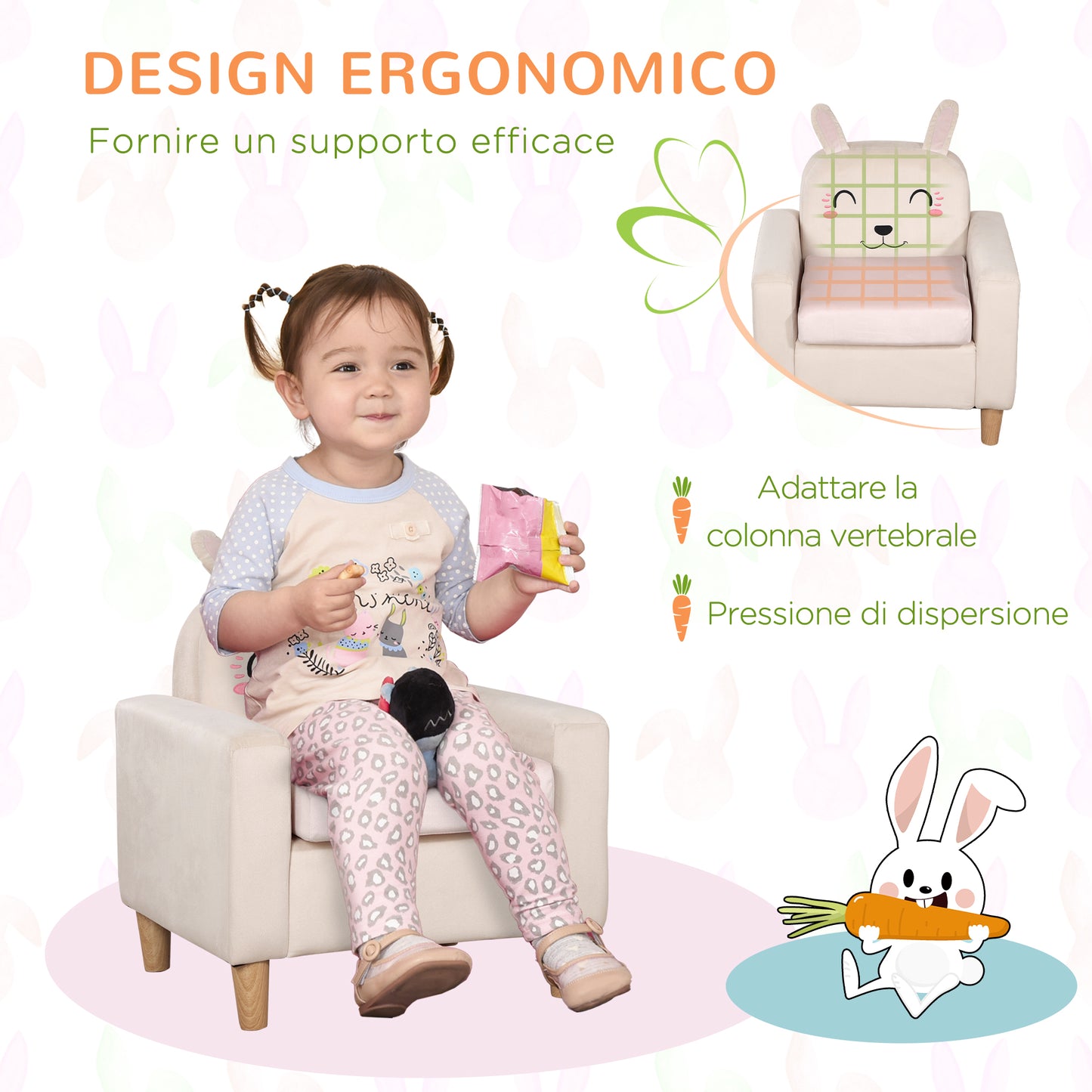 HOMCOM Children's Armchair with Rabbit Design and Wooden Legs, 53x47x54.5 cm, Cream