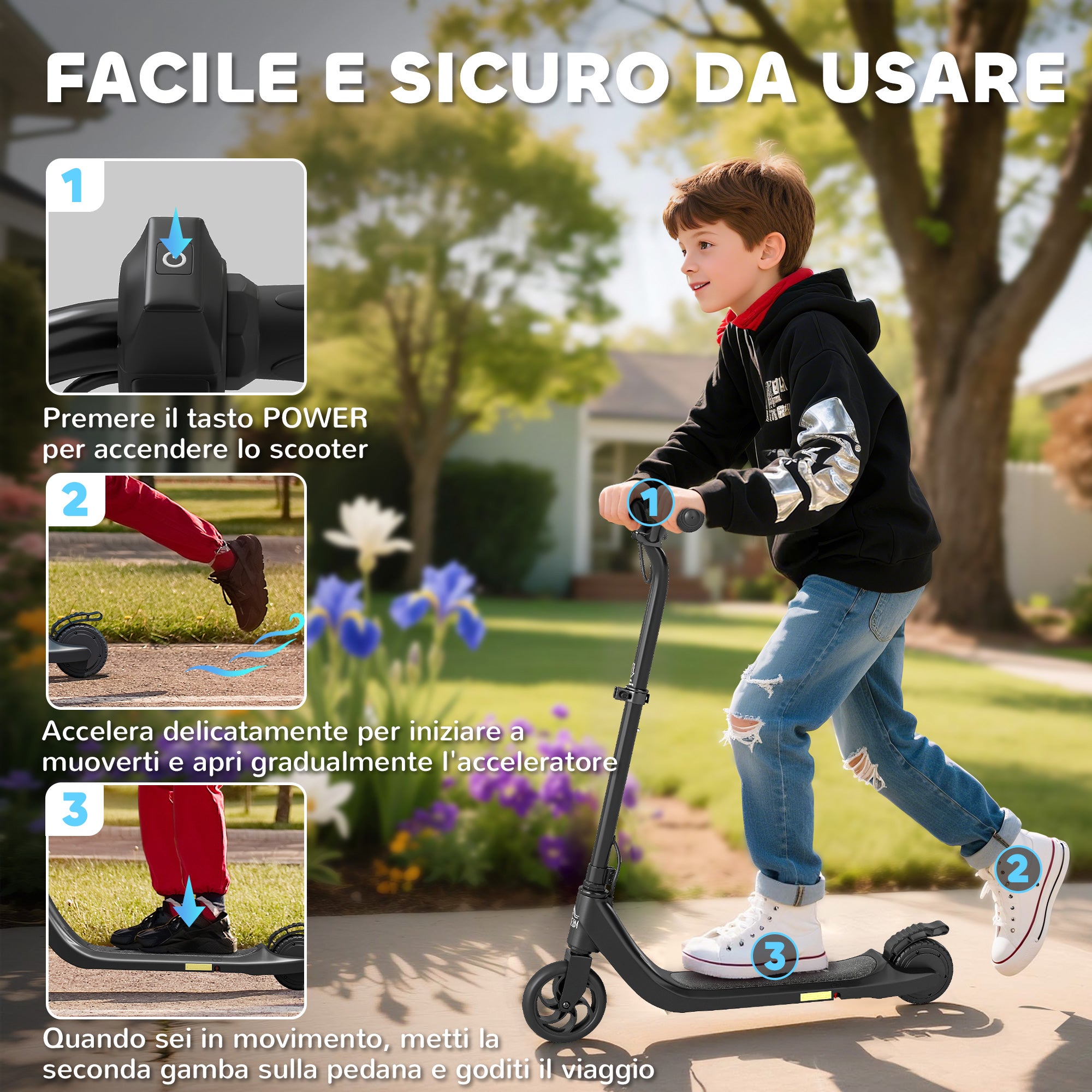 Height-Adjustable Electric Scooter for Kids Ages 6+, 76x53x90-95cm, Black