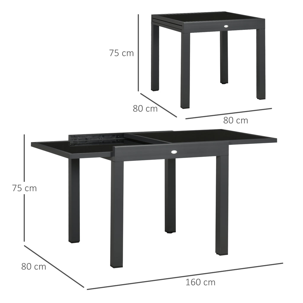 Extendable Garden Dining Table with Glass and Aluminum Top, 80-160x80x75 cm, Black