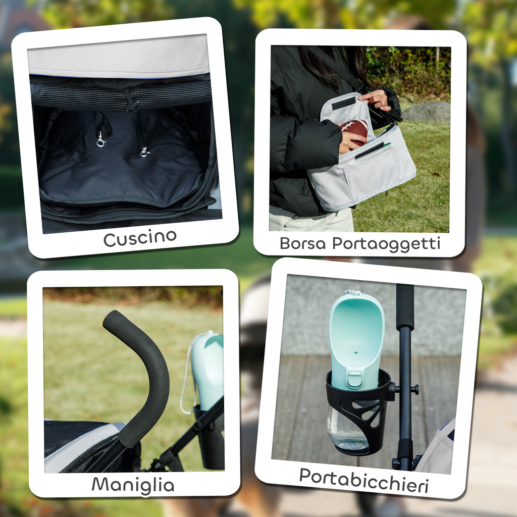 Dog Stroller with 2 Mesh Windows, Steel and Oxford Fabric, 76x44x103 cm, Black and Light Grey