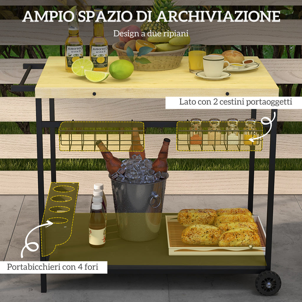 Garden trolley with 2 shelves, 2 baskets and 4 bottle holder spaces, in fir wood, 97.5x65x81 cm - Borgè