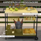 Garden trolley with 2 shelves, 2 baskets and 4 bottle holder spaces, in fir wood, 97.5x65x81 cm - Borgè