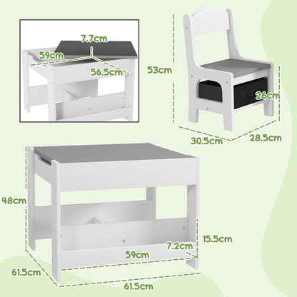 Children's Table and 2 Chairs Set, 2 in 1 Table Top with Blackboard and Storage, Grey