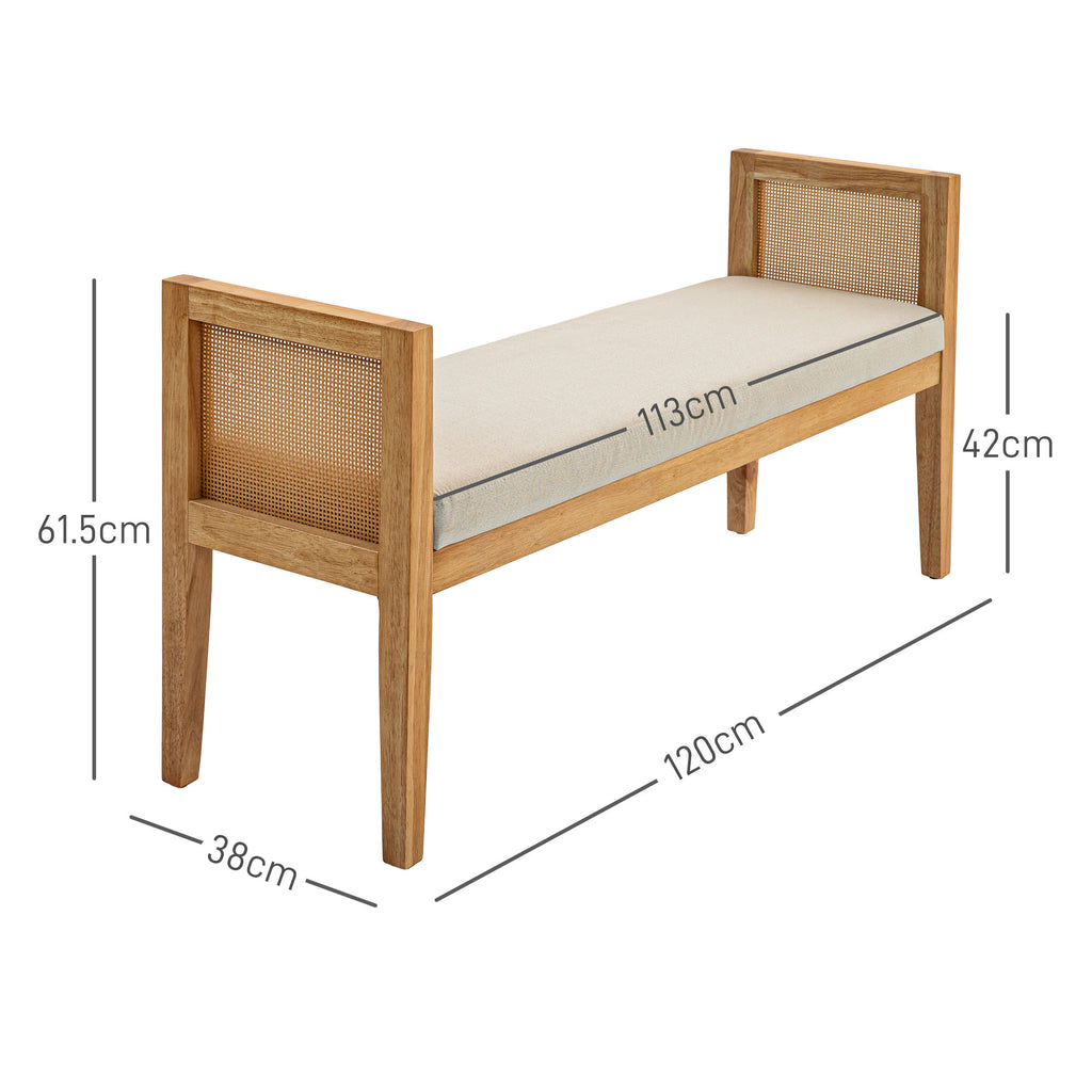 Boho Bed Bottom Bench with Padded Seat and Armrests in Wood and Rattan, 120x38x61.5cm, Cream