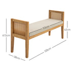 Boho Bed Bottom Bench with Padded Seat and Armrests in Wood and Rattan, 120x38x61.5cm, Cream