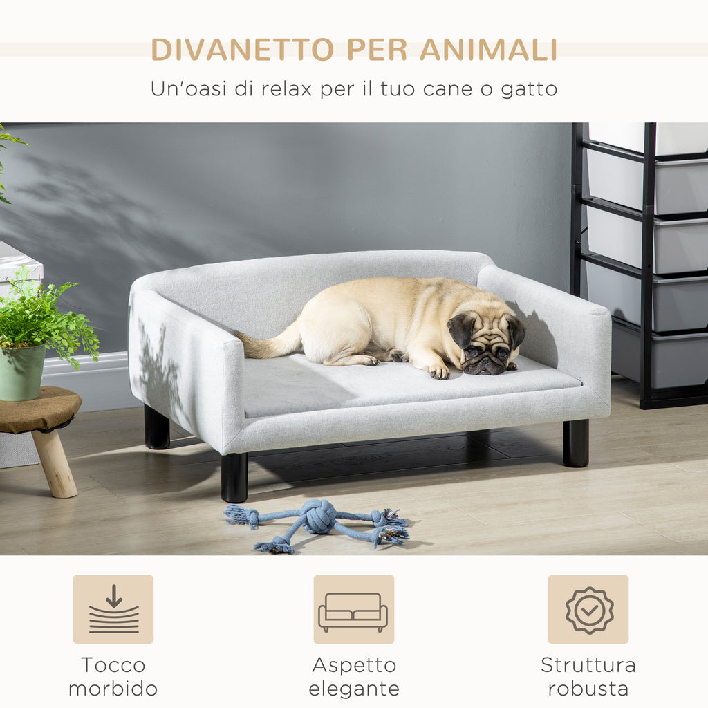 Velvet Dog Sofa with Cushion, Armrests and Backrest, 82 x 54 x 36 cm, Light Grey