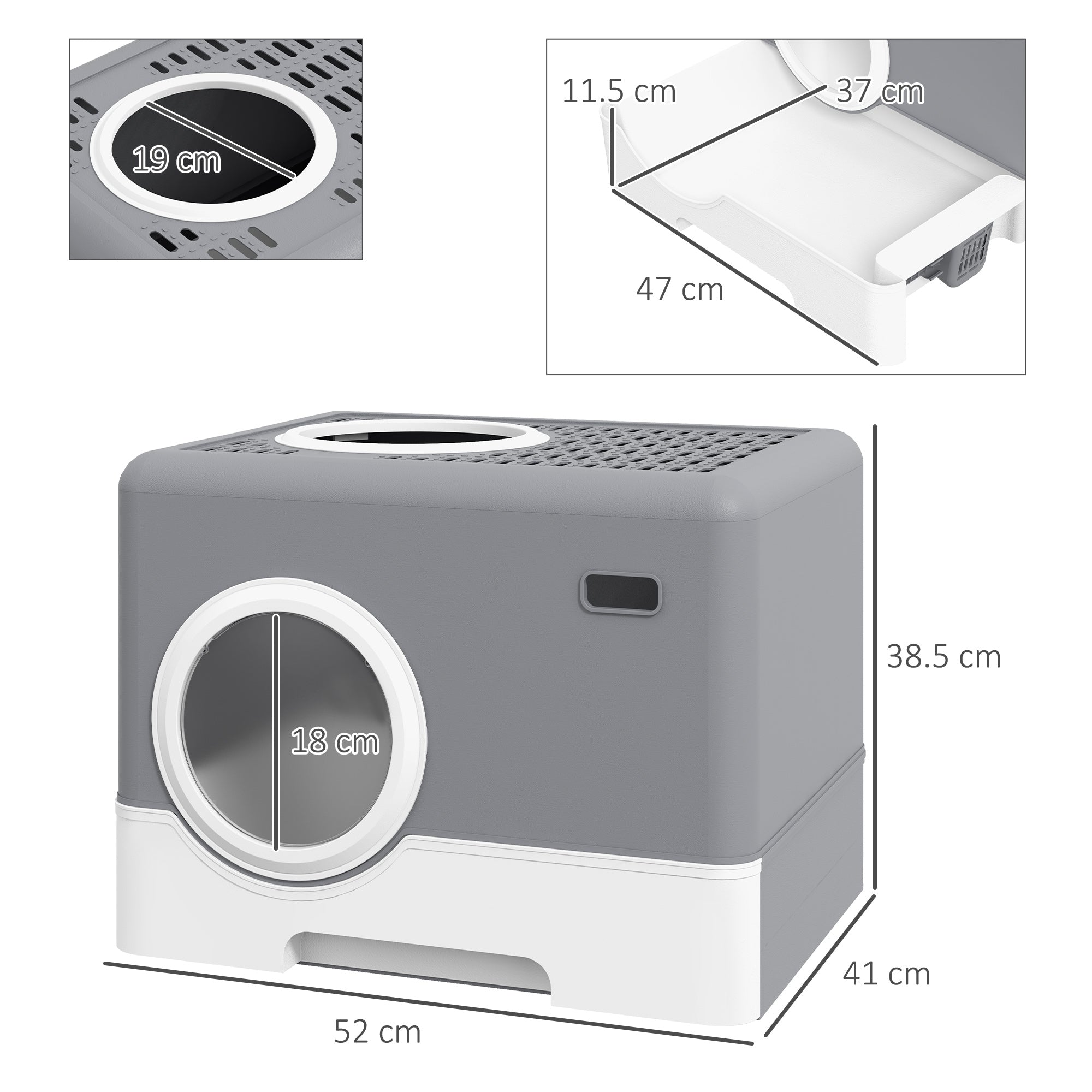 Cat Litter Box with Lid and Scoop, Double Entrance and Removable Tray, 52x41x38.5 cm, Grey