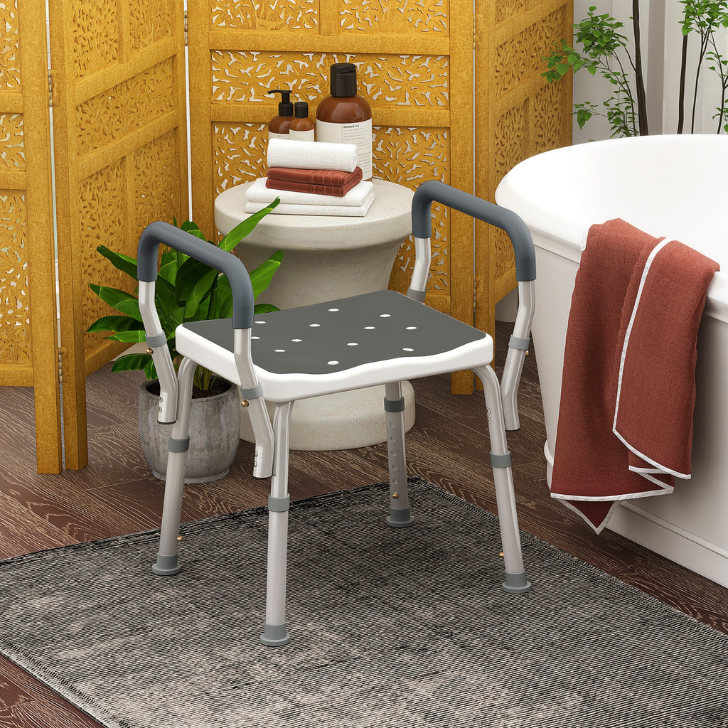HOMCOM Adjustable Shower Stool with Armrests and Drainage Holes in Aluminum, 52x45x57-69 cm, Gray