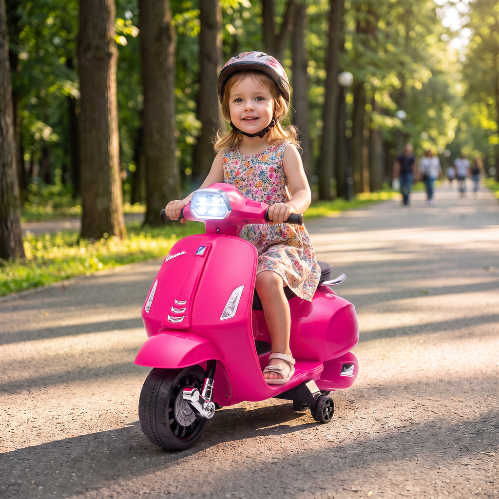 AIYAPLAY Kids Electric Motorcycle with Vespa License, 6V Rechargeable Battery, Training Wheels and Lights, Ages 2-4 Years, Pink