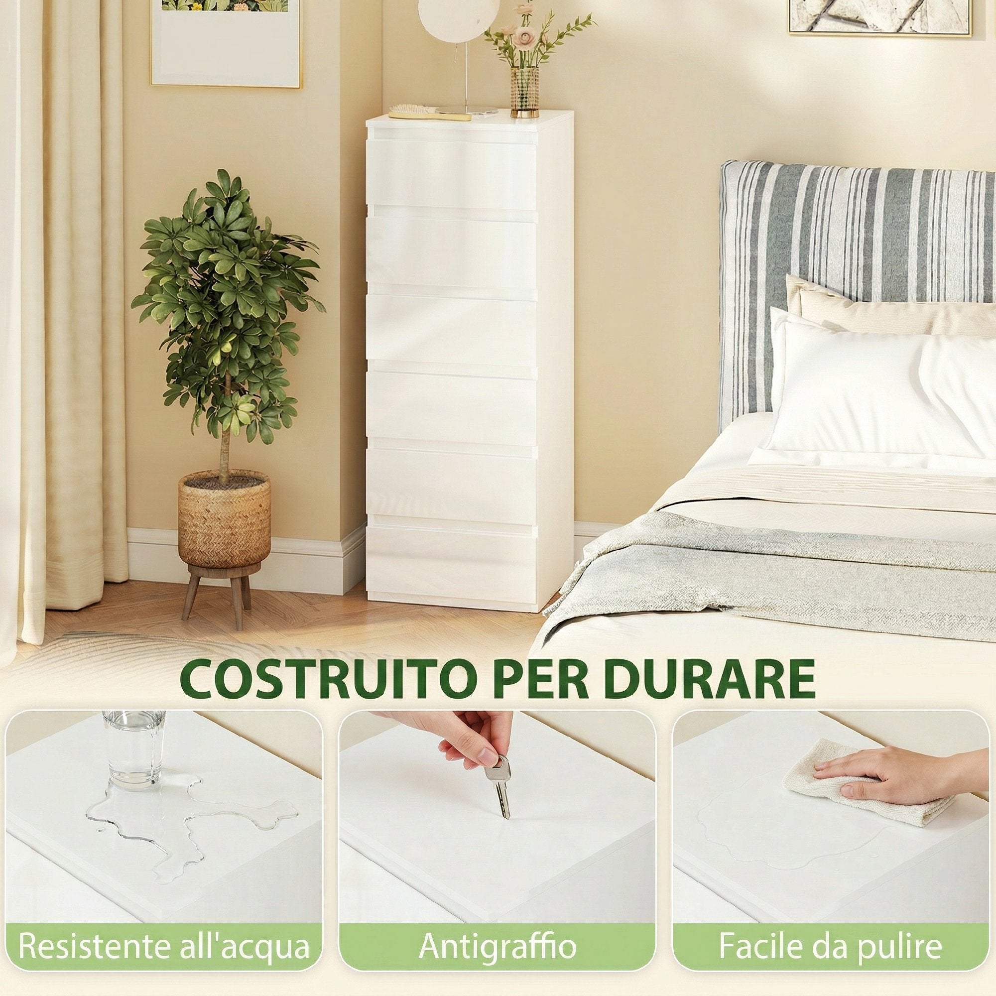 HOMCOM Slim Dresser, 6 Drawers, Gloss Finish, Bedroom, White