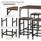 Industrial Style High Table Set with 4 Stools in Metal and Wood, Modern Living Room and Kitchen Furniture, Rustic Brown