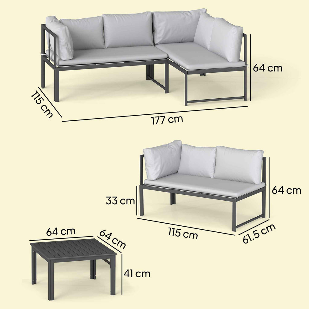 Outsunny 3-Piece Garden Set with 4-Seater Corner Sofa and Slatted Coffee Table, in Metal and Grey Polyester