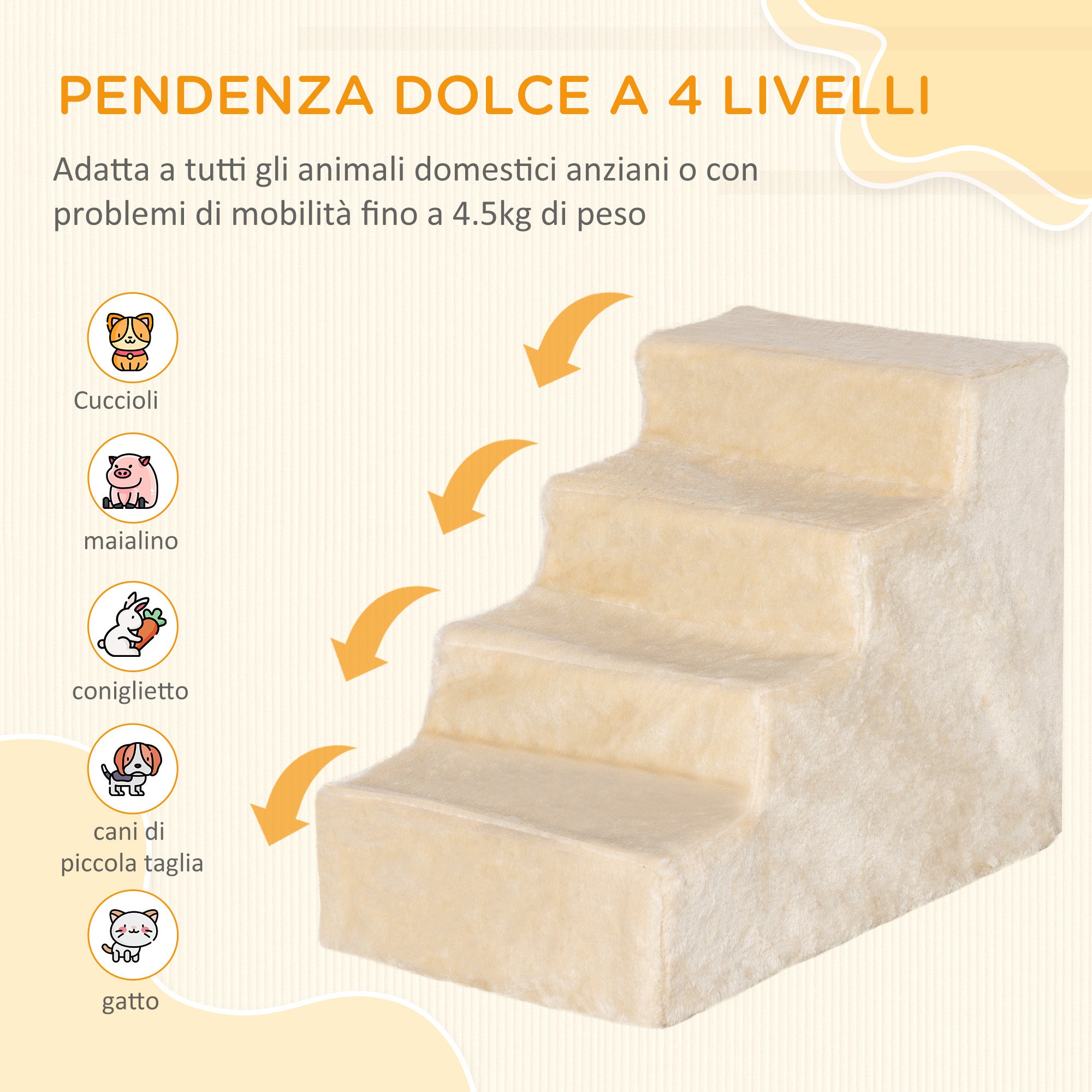 Portable 4-Step Dog Stairs, Removable Flannel and Chipboard, 60x35x44 cm, Beige