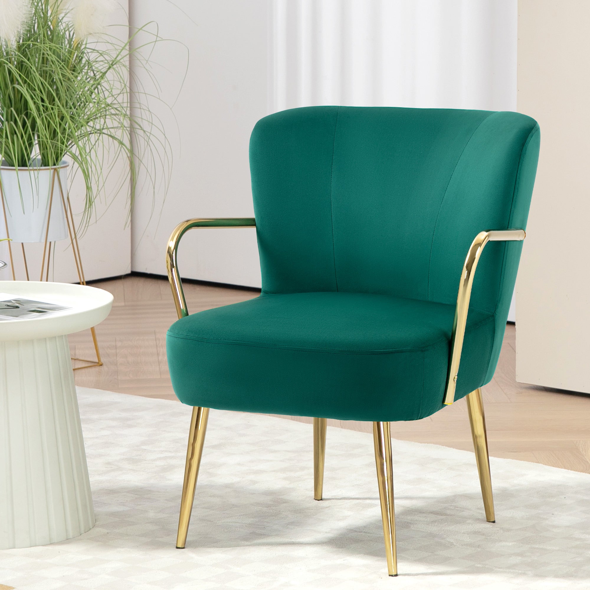 Retro Velvet Bedroom Chair with Armrests, Gold Legs and Padded Seat, Green