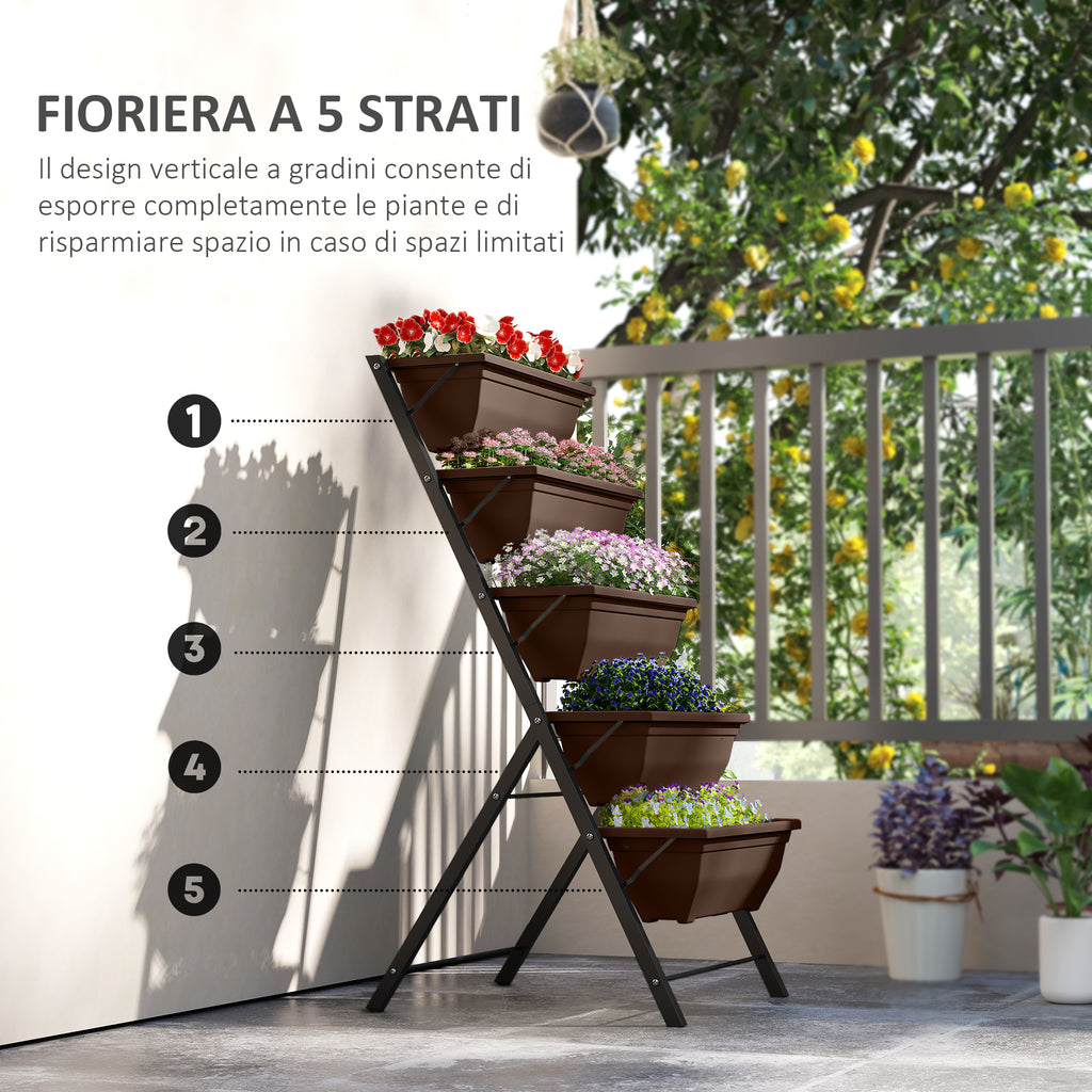 Outsunny 5-Tier Vertical Plant Stand with 5 Pots with Drainage Holes, Steel and PE, 55x63x120 cm, Brown
