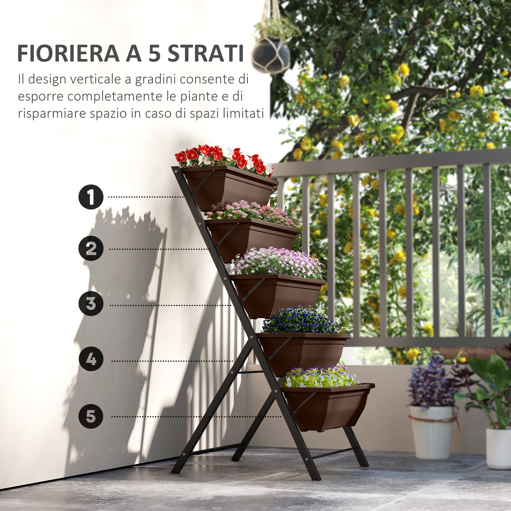 Outsunny 5-Tier Vertical Plant Stand with 5 Pots with Drainage Holes, Steel and PE, 55x63x120 cm, Brown