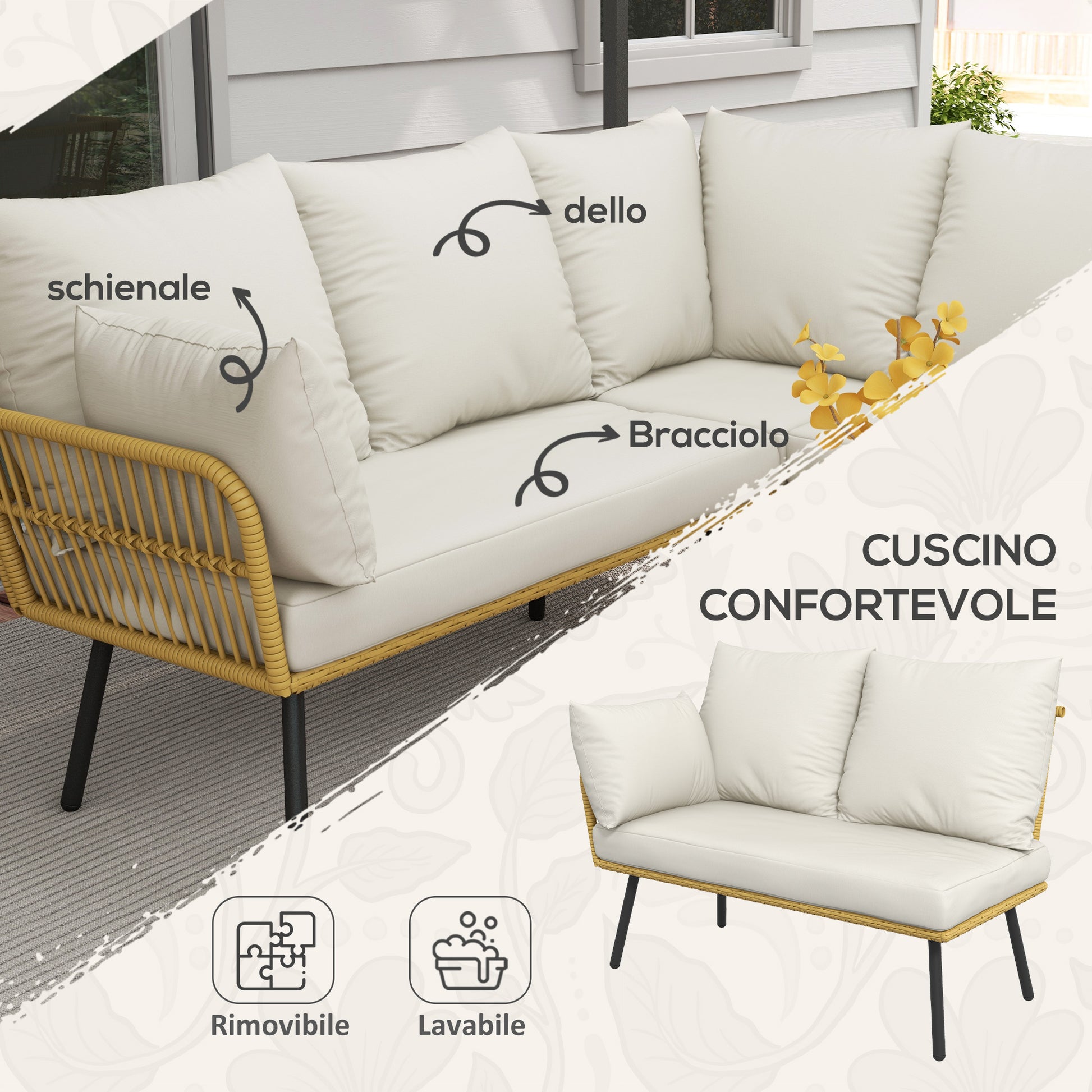 4-Piece Garden Set in PE Rattan with Outdoor Table 90x45x42 cm and 2 Outdoor Sofas 6x63x74 cm, Cream White - Borgè