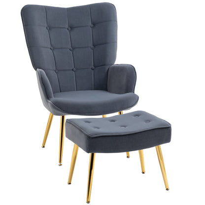 Modern Armchair with Ottoman Footstool, Velvet and Padded Set with Golden Legs, Grey