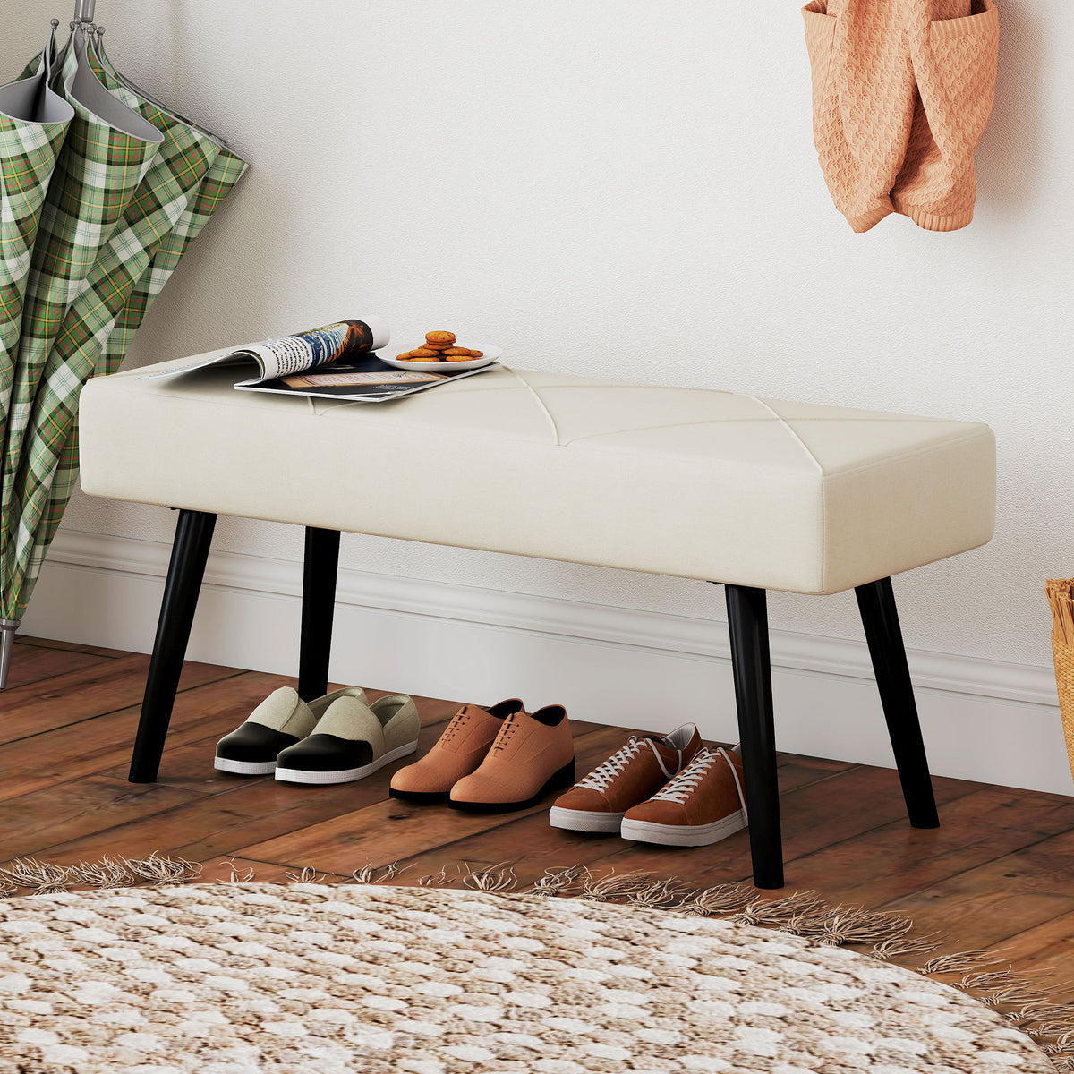 HOMCOM Upholstered Bench for Entryway and Living Room, Velvet Bedside Bench with Steel Legs, 100x36x45cm, Cream