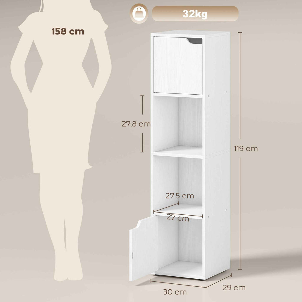 HOMCOM Modern Bookcase with 2 Cabinets and 4 Doors, 30x29x119 cm, White