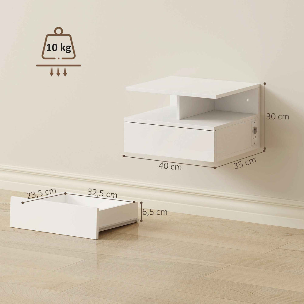 HOMCOM Set of 2 Floating Bedside Tables with Charging Station, Drawer and Open Shelf, Wooden, 40x35x30 cm, White
