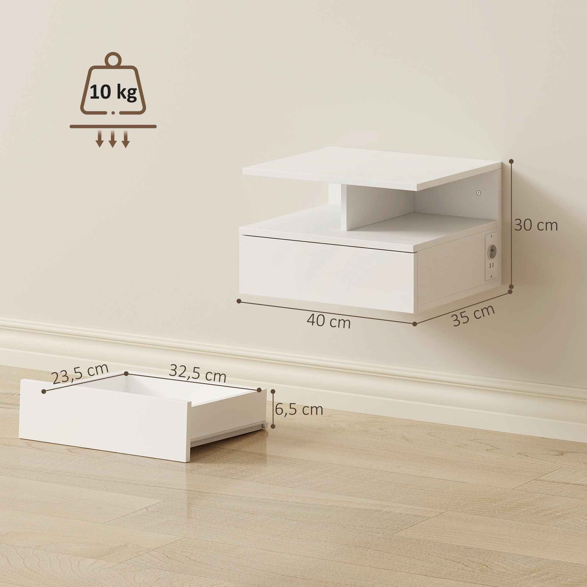 HOMCOM Set of 2 Floating Bedside Tables with Charging Station, Drawer and Open Shelf, Wooden, 40x35x30 cm, White